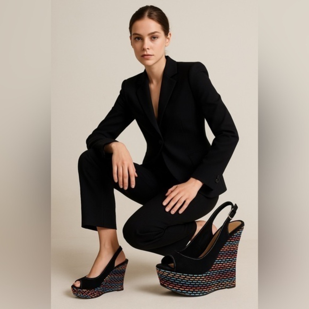 2Lips  Too high heeled wedge shoes in multi colors & black canvas material 👠